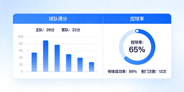 体育数据统计面板可视化图表，展示球队得分、控球率等关键指标